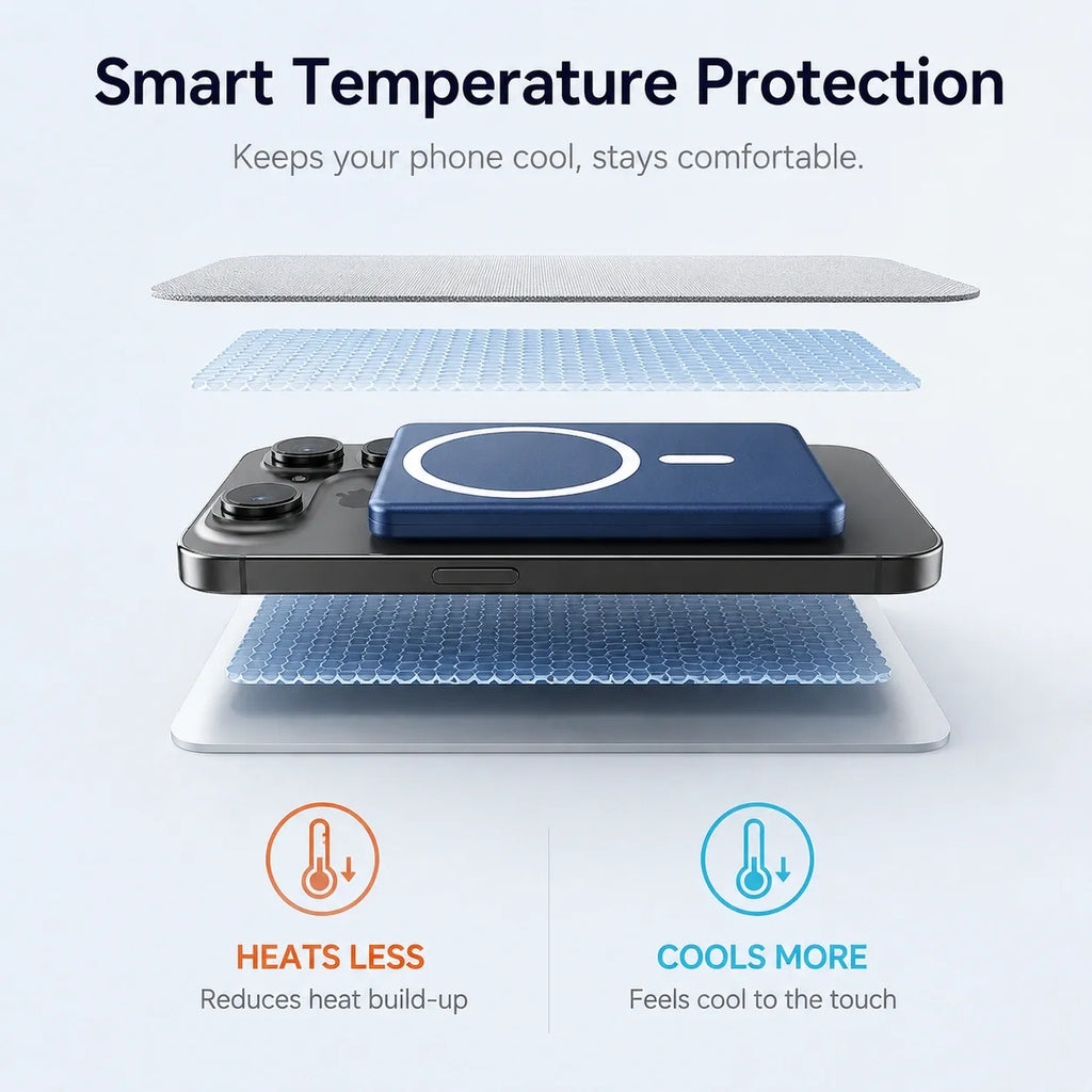 Magnetic wireless power bank with smart temperature protection for safer charging