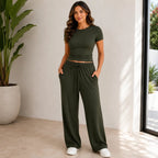 Military green fitted top and wide-leg pants set for women