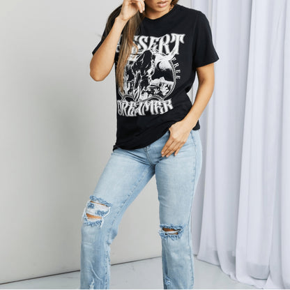 mineB black 100% cotton graphic tee with colorful 'Desert Dreamer' design.