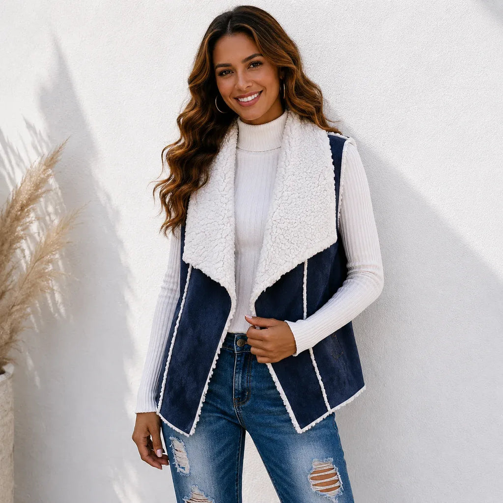 Navy blue faux suede sherpa-lined vest with soft sherpa trim, front view
