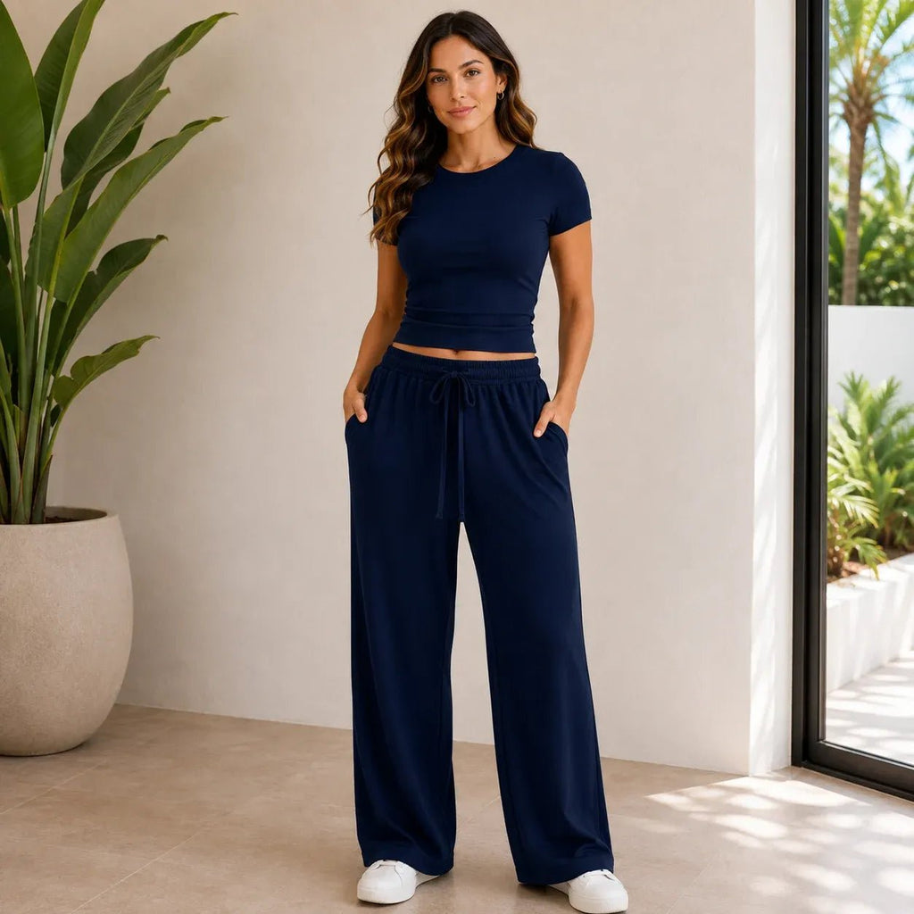 Navy fitted top and wide-leg pants set for women