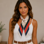 Woman wearing a navy multi print bandana scarf tied around the neck with a white ribbed tank top, front view.