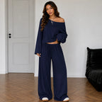 Navy women's two-piece wide-leg pants set with off-shoulder long sleeve top