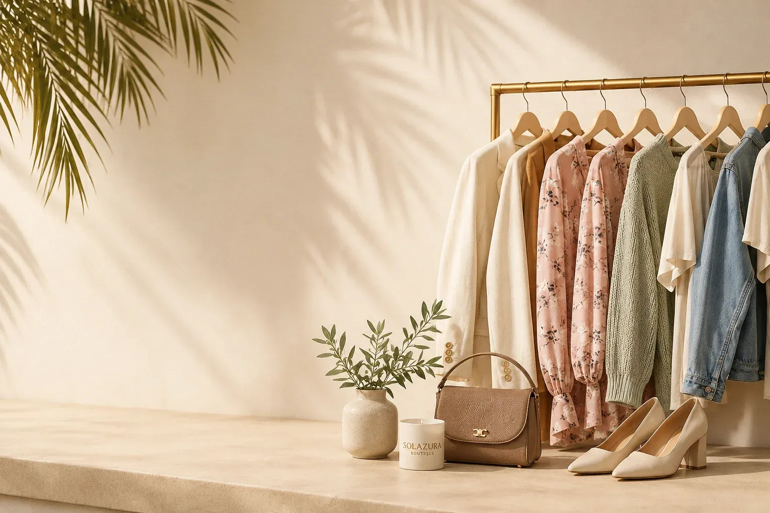 Elegant women's boutique fashion displayed on a curated clothing rack featuring seasonal apparel, accessories, and timeless styles at Solazura Boutique.