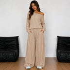 Off-shoulder long-sleeve wide-leg pants set in khaki