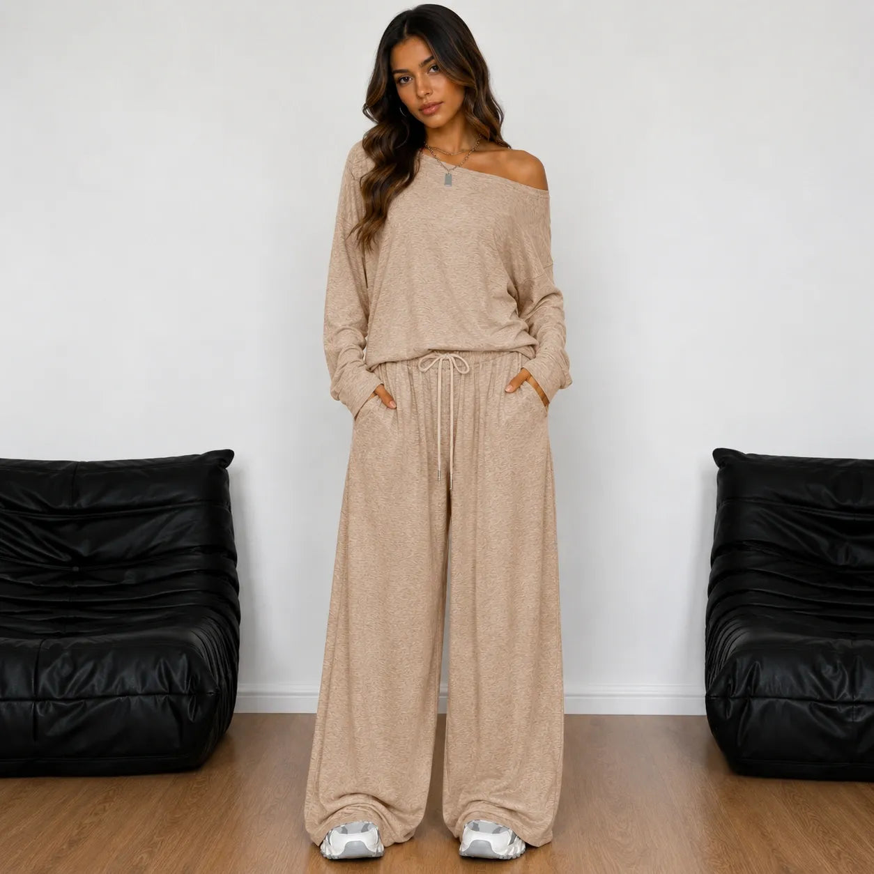 Off-shoulder long-sleeve wide-leg pants set in khaki