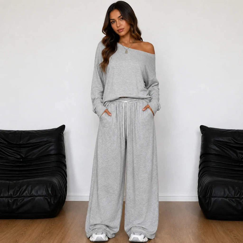 Off-shoulder long-sleeve wide-leg pants set in ash gray