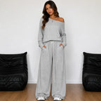 Off-shoulder long-sleeve wide-leg pants set in ash gray