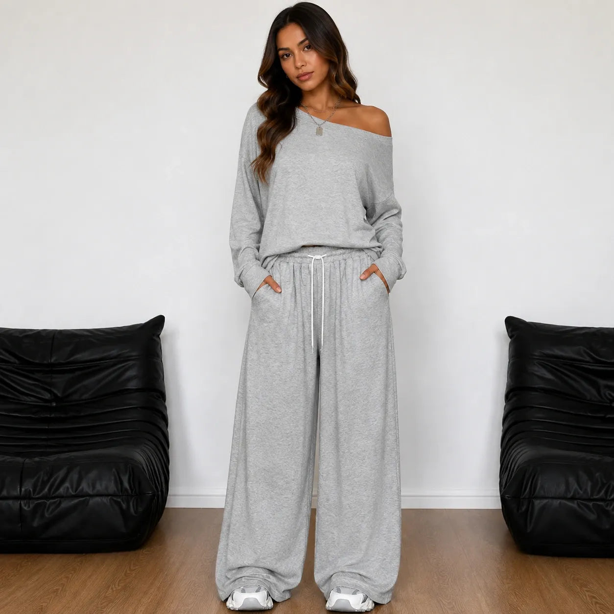 Off-shoulder long-sleeve wide-leg pants set in ash gray