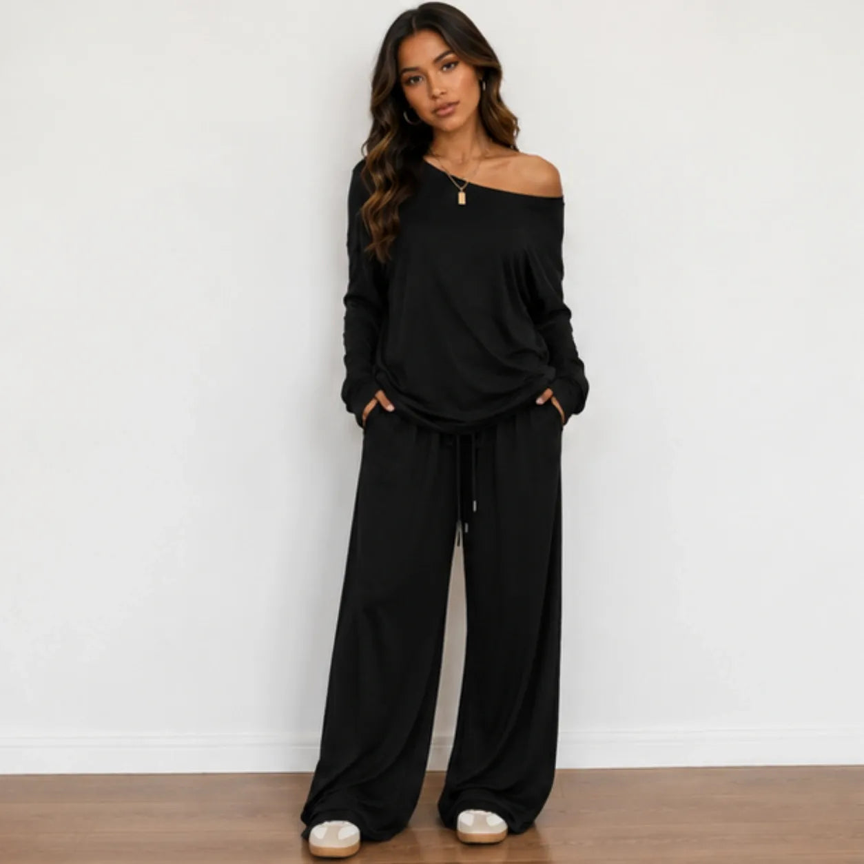 Black off-shoulder long-sleeve wide-leg pants set with drawstring waist