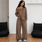 Off-shoulder long-sleeve wide-leg pants set in brown