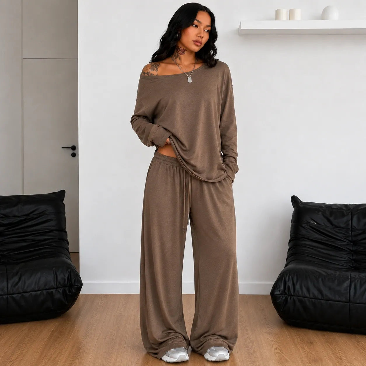 Off-shoulder long-sleeve wide-leg pants set in brown
