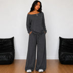 Off-shoulder long-sleeve wide-leg pants set in charcoal
