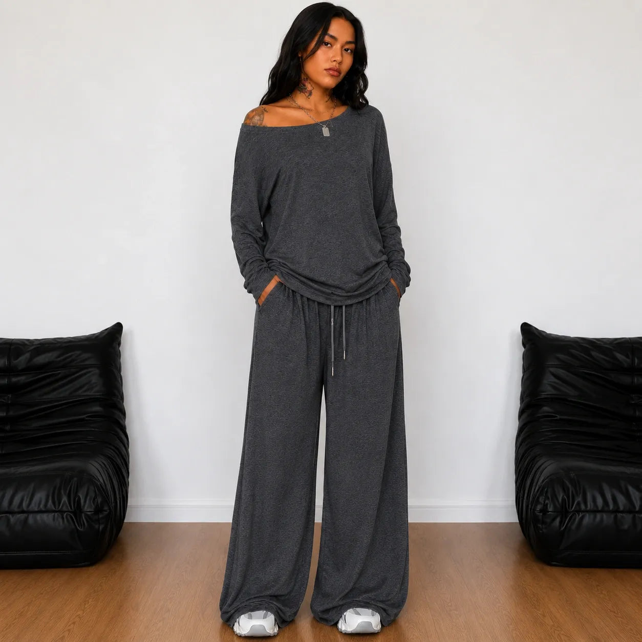 Off-shoulder long-sleeve wide-leg pants set in charcoal