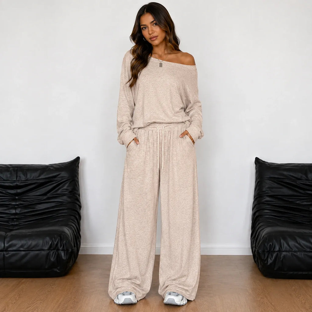 Off-shoulder long-sleeve wide-leg pants set in apricot