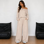 Off-shoulder long-sleeve wide-leg pants set in apricot