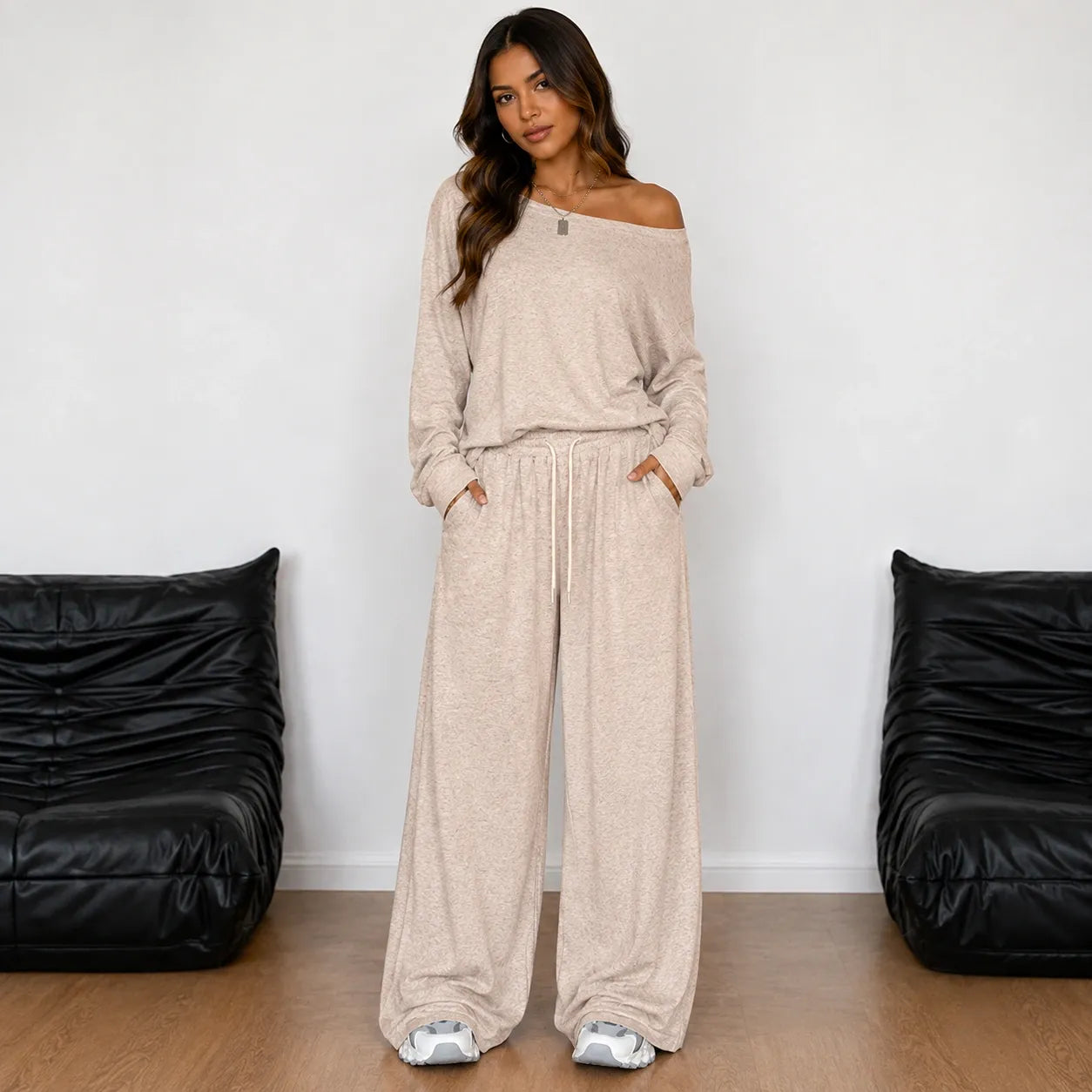 Off-shoulder long-sleeve wide-leg pants set in apricot