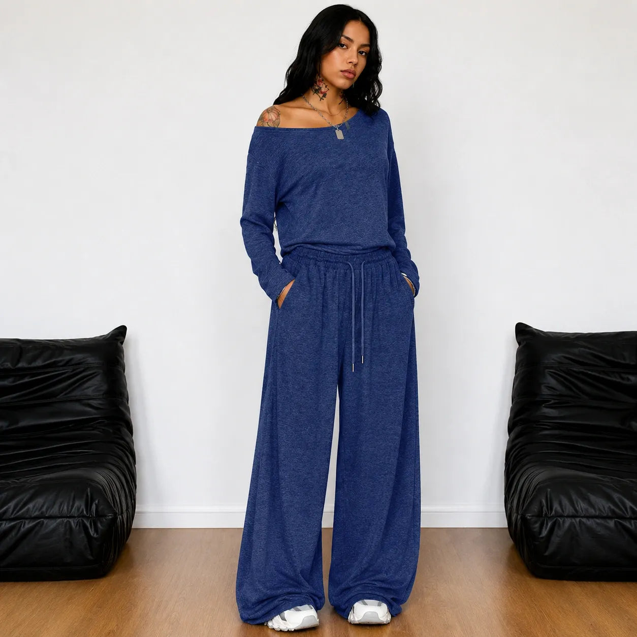 Off-shoulder long-sleeve wide-leg pants set in navy