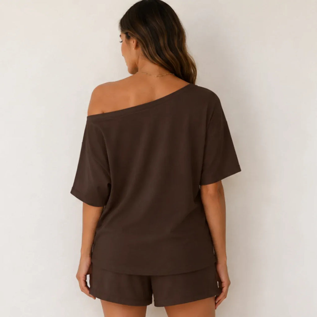 Back view of the Off-Shoulder Lounge Top & Shorts 2-Piece Set in brown showing the relaxed oversized silhouette.