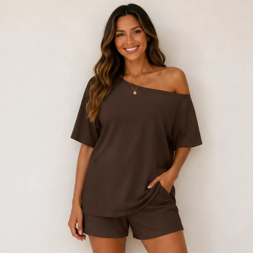 Front view of the Off-Shoulder Lounge Top & Shorts 2-Piece Set in brown with functional pockets and relaxed styling.