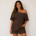 Front view of the Off-Shoulder Lounge Top & Shorts 2-Piece Set in brown with functional pockets and relaxed styling.