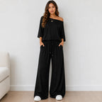 Women's Off-the-Shoulder Wide-Leg Matching Set in black with an off-the-shoulder neckline and comfortable wide-leg pants.