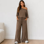 Women's Off-the-Shoulder Wide-Leg Matching Set in dark coffee with relaxed fit, wide-leg pants, and off-the-shoulder top.