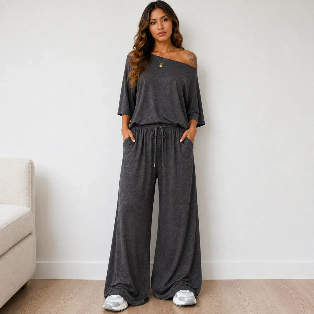 Women's Off-the-Shoulder Wide-Leg Matching Set in dark gray with wide-leg pants, elastic waistband, and relaxed silhouette.