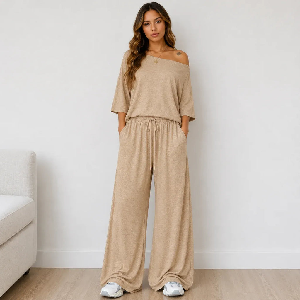Women's Off-the-Shoulder Wide-Leg Matching Set in khaki featuring a relaxed fit and flowing wide-leg pants.