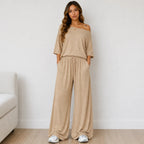Women's Off-the-Shoulder Wide-Leg Matching Set in khaki featuring a relaxed fit and flowing wide-leg pants.