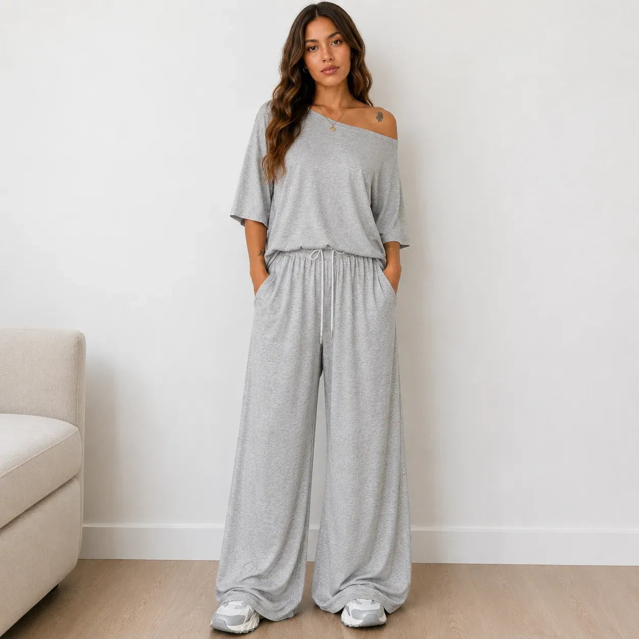 Women's Off-the-Shoulder Wide-Leg Matching Set in light gray featuring a relaxed off-the-shoulder top and wide-leg lounge pants.
