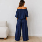 Back view of the Women's Off-the-Shoulder Wide-Leg Matching Set in navy blue featuring the off-the-shoulder design and relaxed fit.