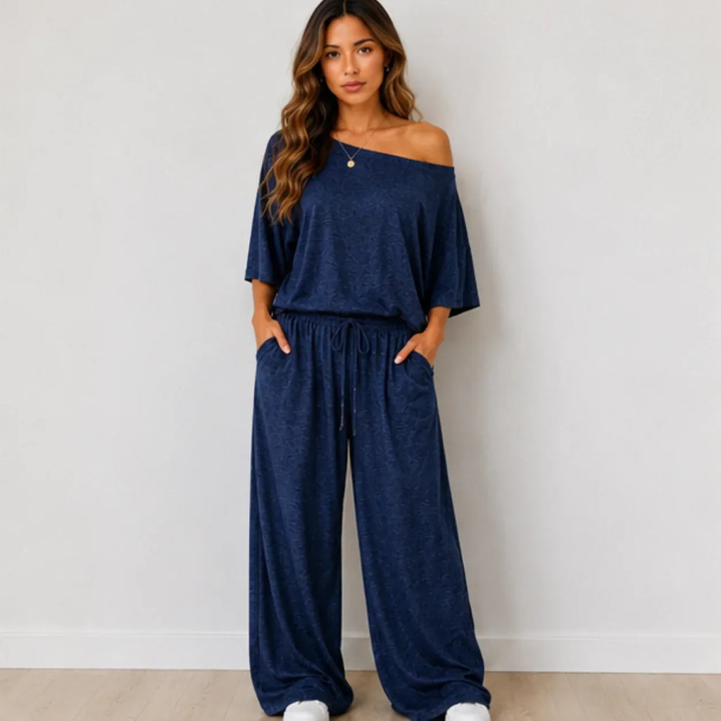 Front view of the Women's Off-the-Shoulder Wide-Leg Matching Set in navy blue with a relaxed fit and wide-leg pants.