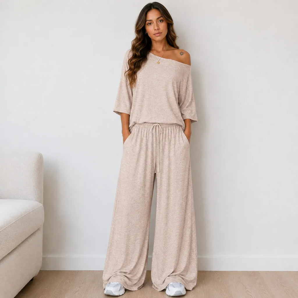 Women's Off-the-Shoulder Wide-Leg Matching Set in oatmeal with a relaxed off-the-shoulder top and wide-leg lounge pants.
