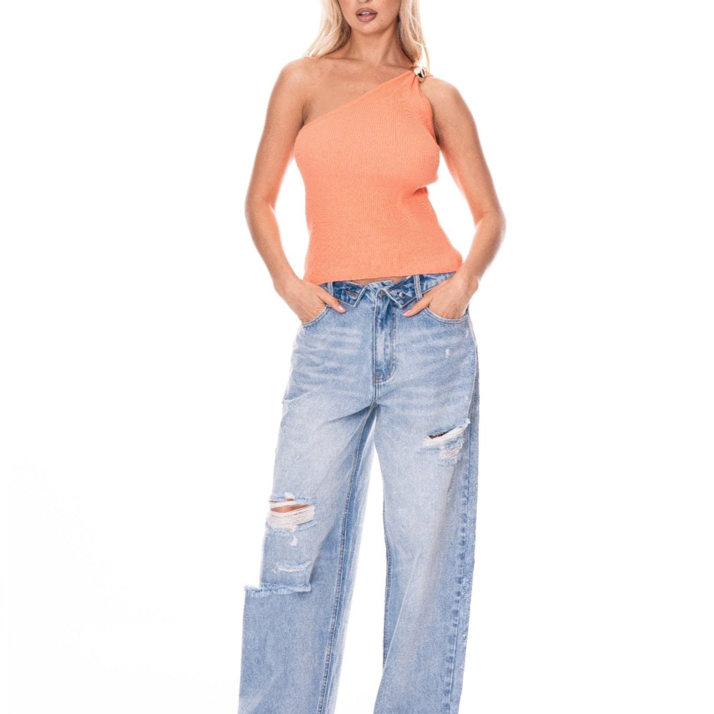 One Shoulder Top - Black, Peach & Cream-Solazura Boutique - Solazura Boutique