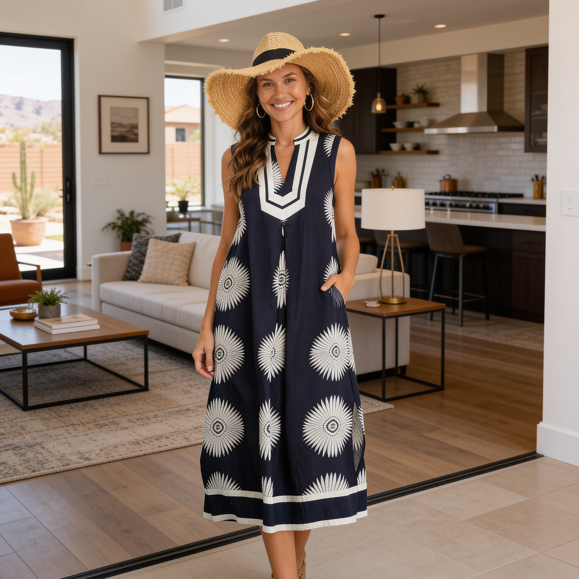 Umgee Sleeveless Geometric Midi Dress in Navy from Solazura Boutique