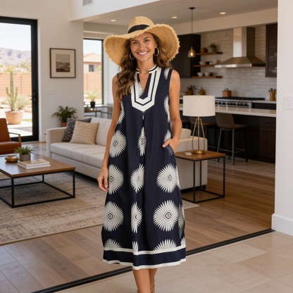Umgee Sleeveless Geometric Midi Dress in Navy from Solazura Boutique