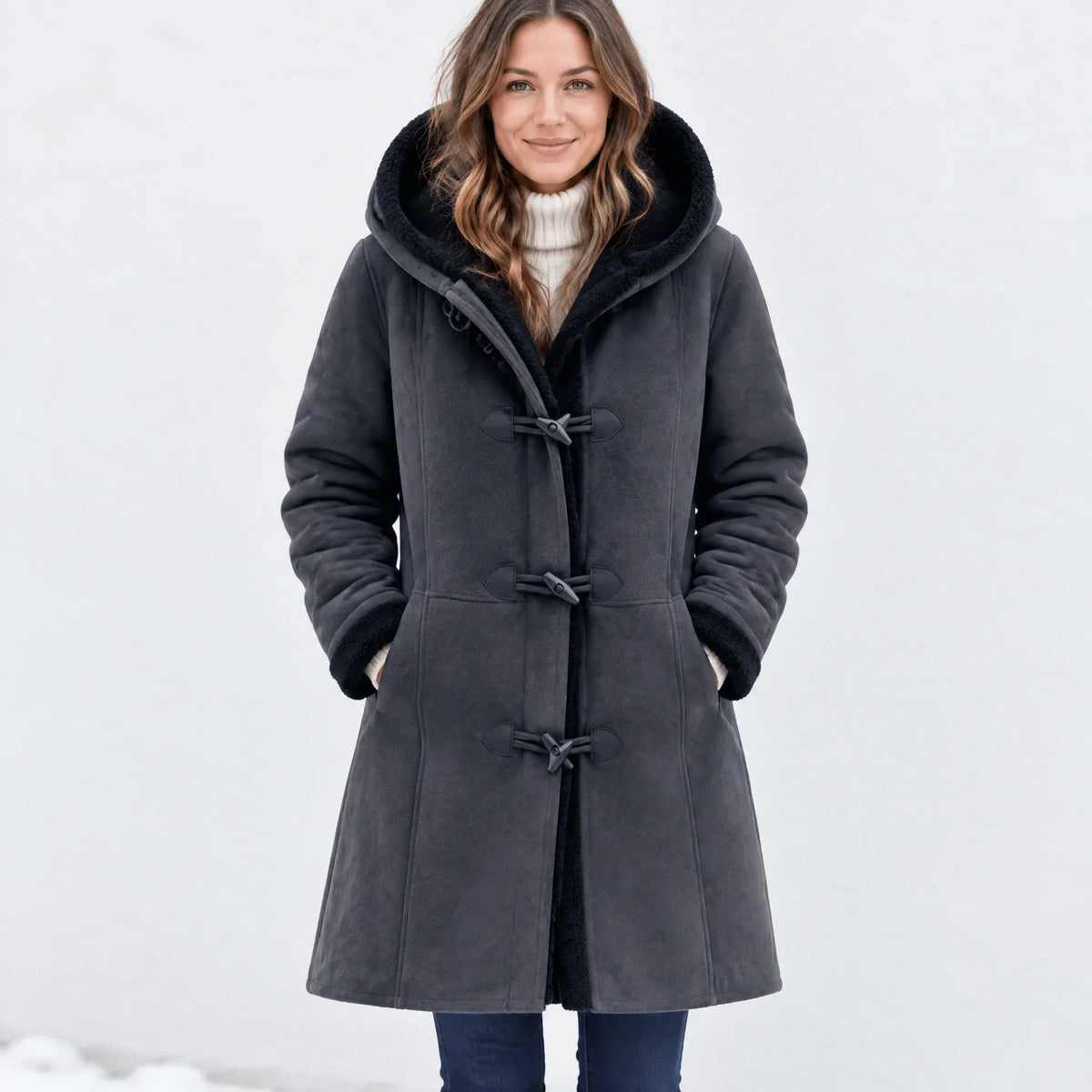 A woman wearing a dark gray hooded shearling-style coat with toggle closures, standing against a bright white snowy background.