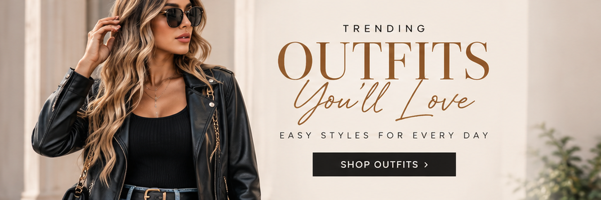 A promotional banner featuring a woman on the left wearing a black leather jacket, black top, and gold belt, next to large text that reads 'TRENDING OUTFITS You'll Love' and a 'SHOP OUTFITS' button.
