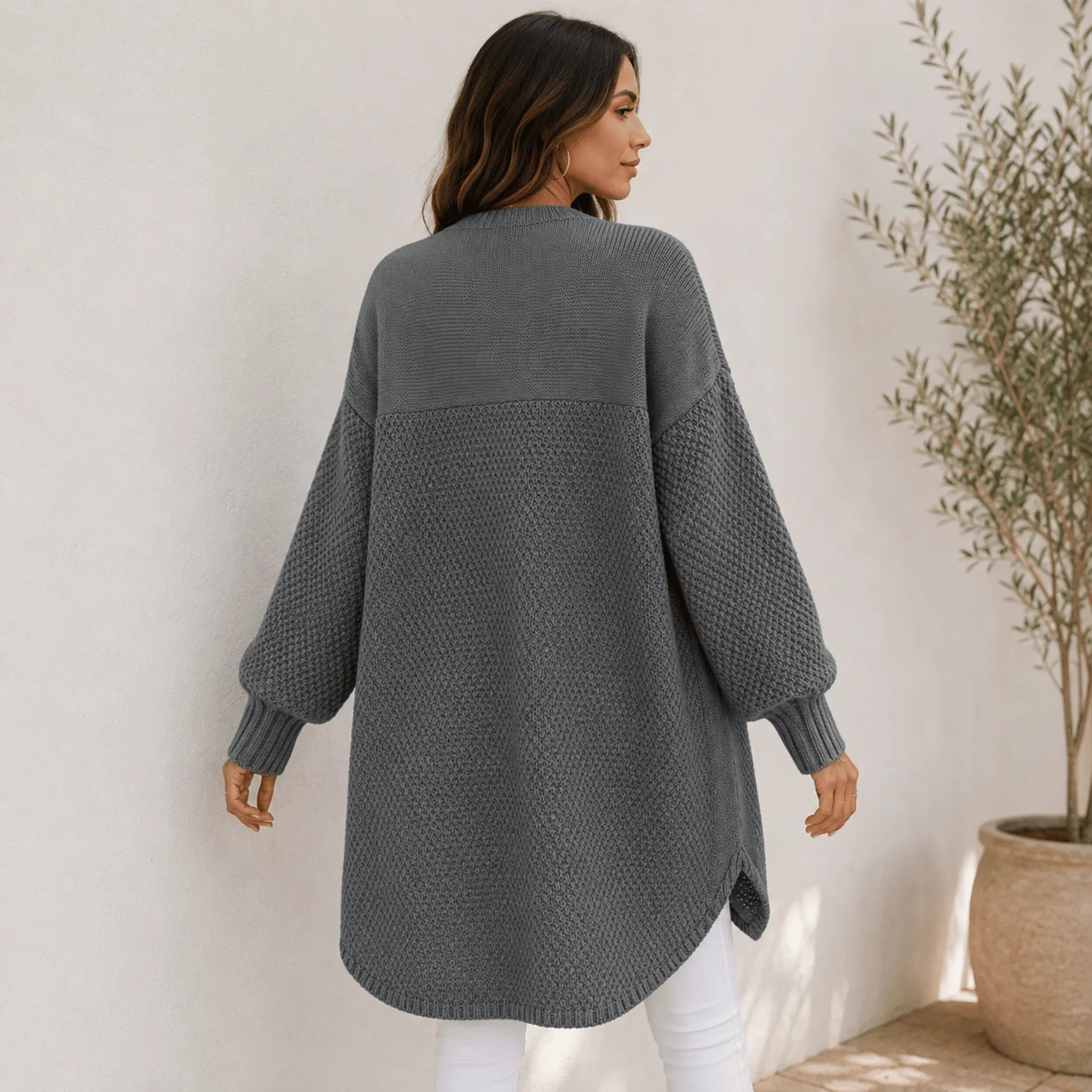 Back view of women's gray oversized open front long cardigan showcasing the textured knit design, longline length, and relaxed fit.