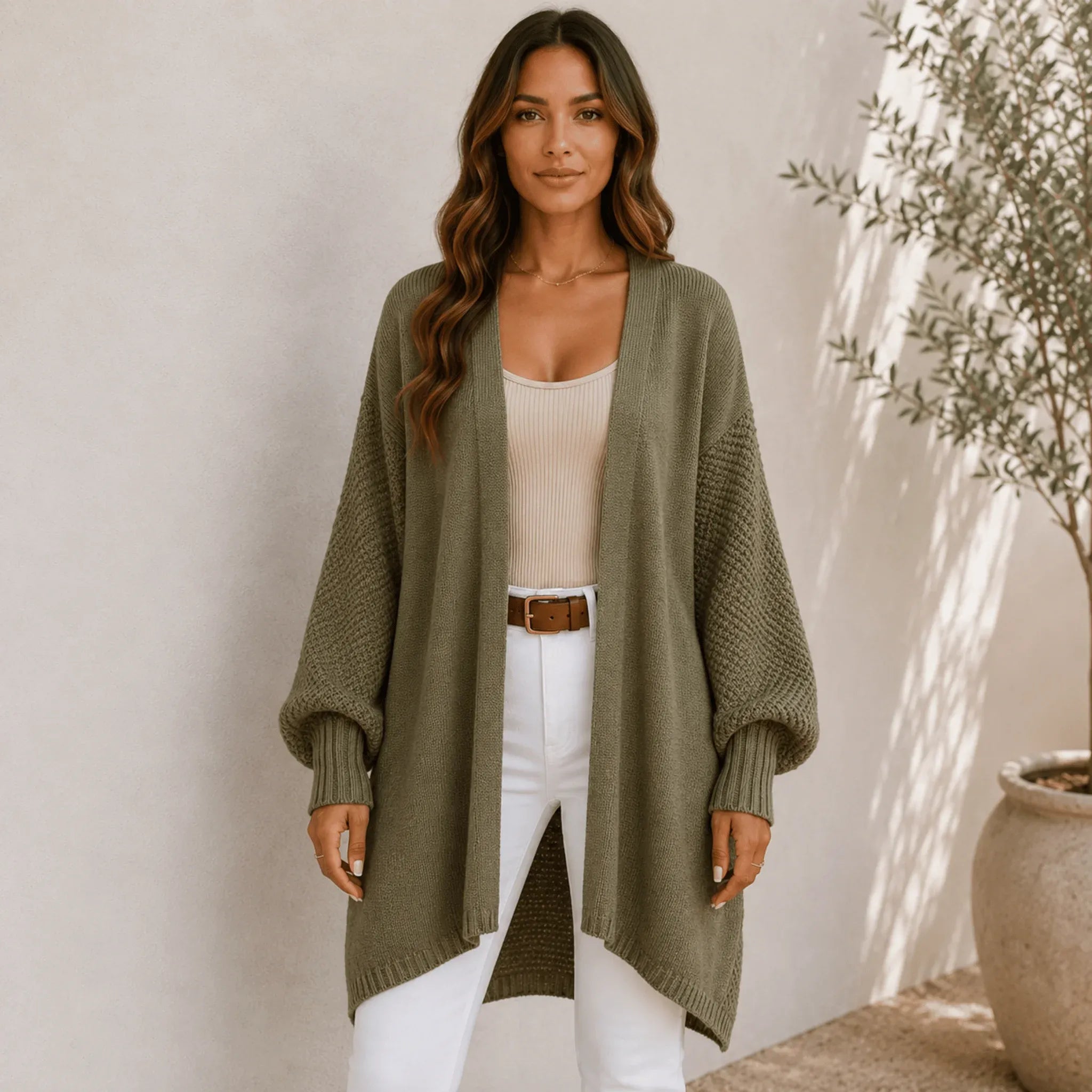 Women's army green oversized open front long cardigan featuring soft chenille knit, balloon sleeves, and an oversized fit.