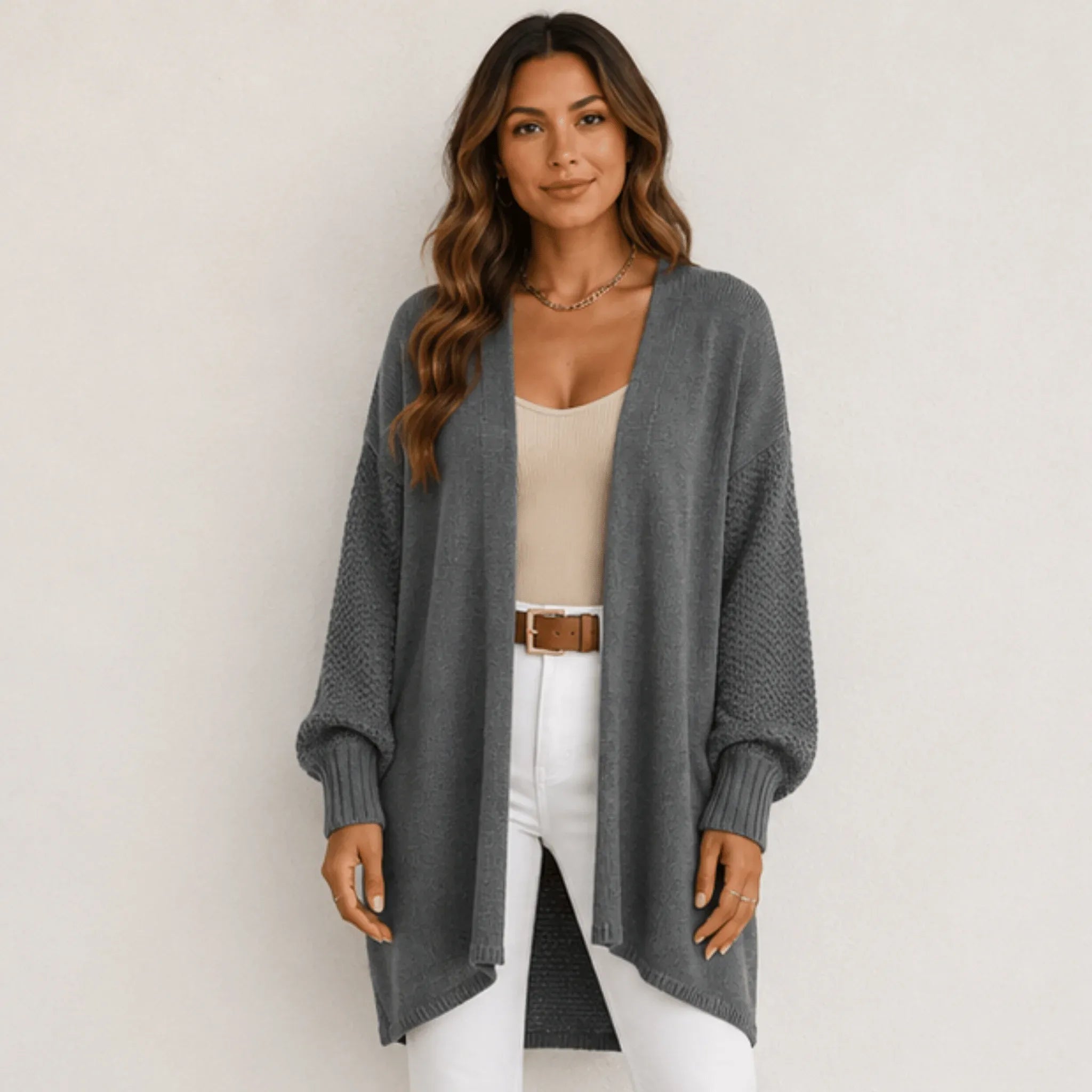 Women's gray oversized open front long cardigan featuring a relaxed oversized fit, soft chenille knit, and textured sleeves.