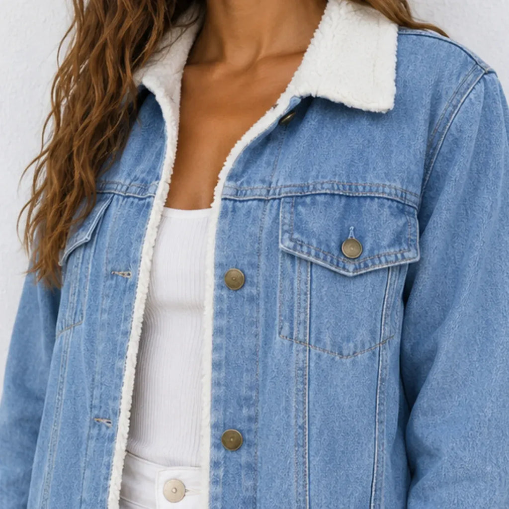 Close-up of blue denim jacket showing white sherpa lining, collar, and chest pocket details