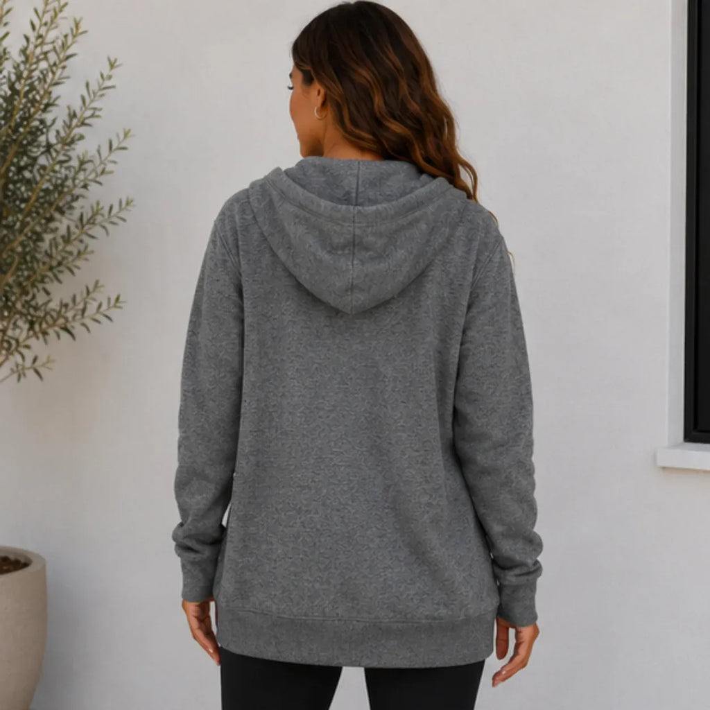Women's oversized gray zip-up hooded jacket back view