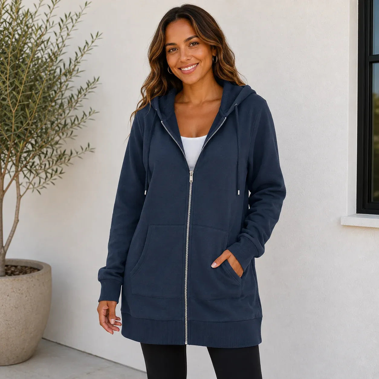Women's oversized navy zip-up hooded jacket with front pockets