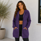 Women's oversized purple zip-up hooded jacket with front pockets