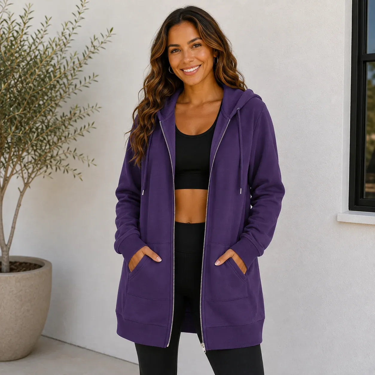 Women's oversized purple zip-up hooded jacket with front pockets