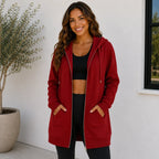 Women's oversized red zip-up hooded jacket with front pockets
