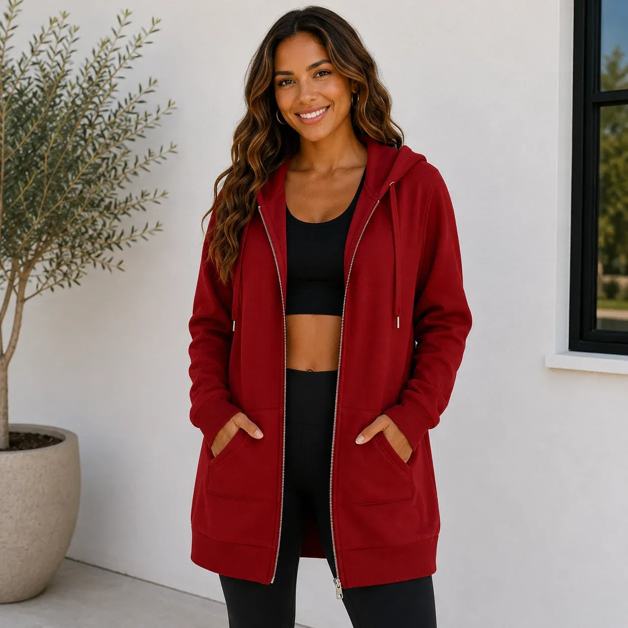 Women's oversized red zip-up hooded jacket with front pockets