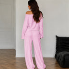 Pink women's two-piece wide-leg pants set shown from the back